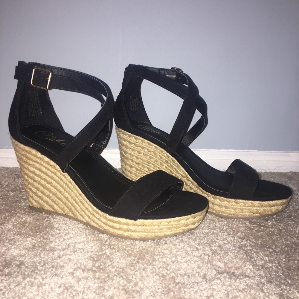 Black Suede Wedges w/ Rope Bottom WORN ONCE